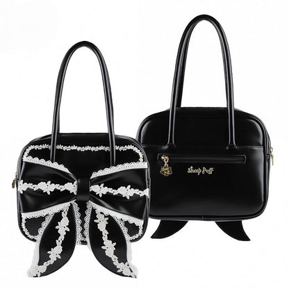 Bag Lolita Bow Sweet PU Square Big Lace with Front School Black White and Old Trim