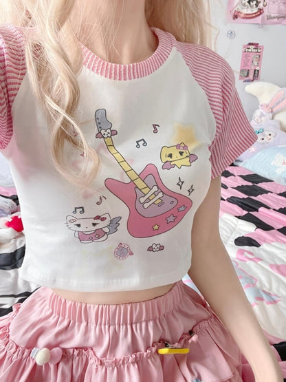 White Pink Stripe Kitty and Guitar Print Cropped Top