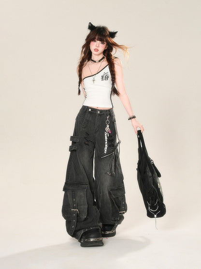 Cargo Pockets Black Distressed Holes Buckle Wide-Leg Jeans Straps