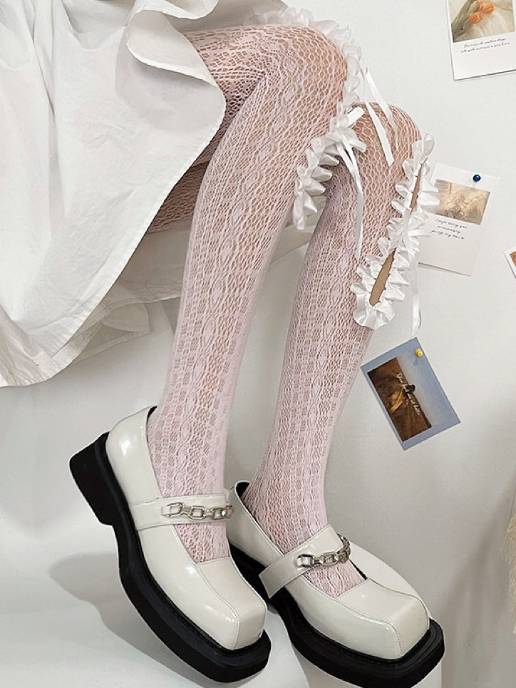 Y2K Strumpfhose Pink Trim Rüschen Design Cut-out