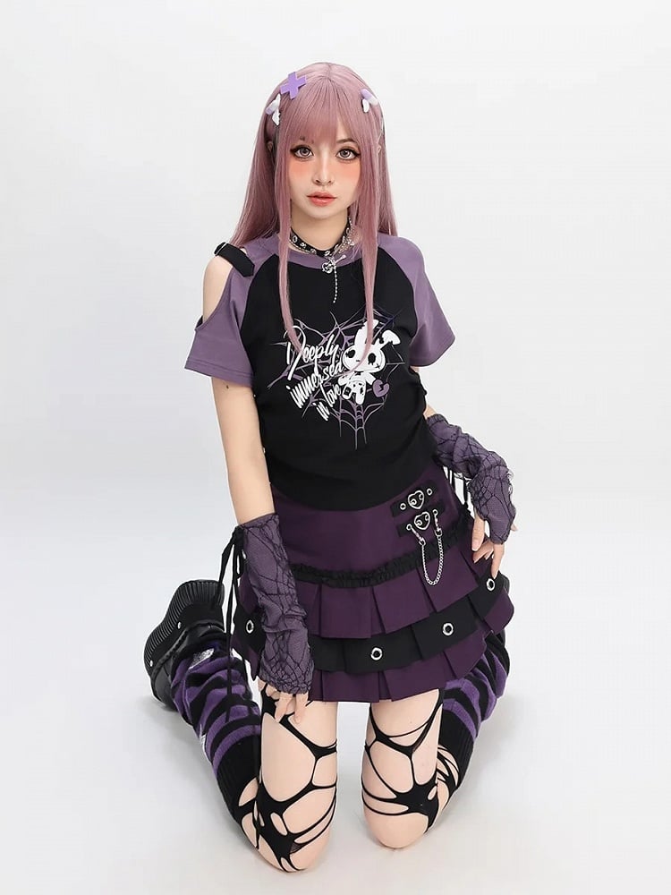 Free Red/Pink/Purple with T-Shirt Print Sleeves Y2K Cutout Shoulder Spiderweb