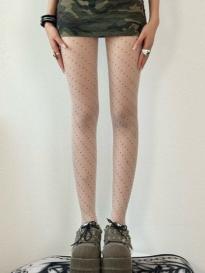 Pattern Polka-dot Diamond Embroidered Gray/White/Brown Tights