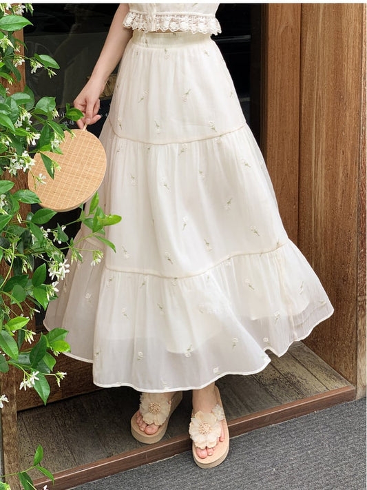 Tulle Skirt Kei Beige Elastic Waist Floral Embroidery Mori