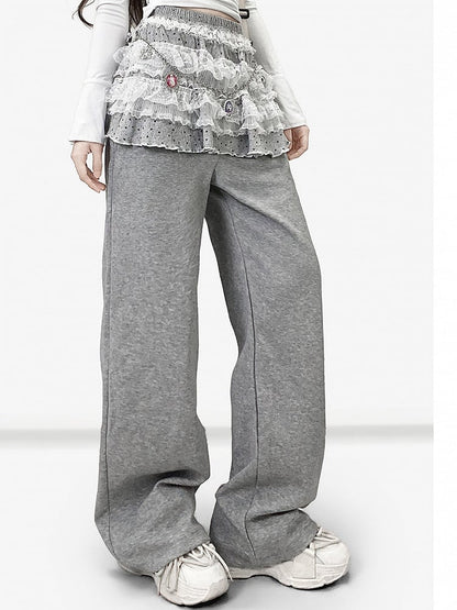 Polka-dot Pants Trim Y2K + Lace Skirt Tiered Cut Bittersweet Pattern Gray Wide-leg