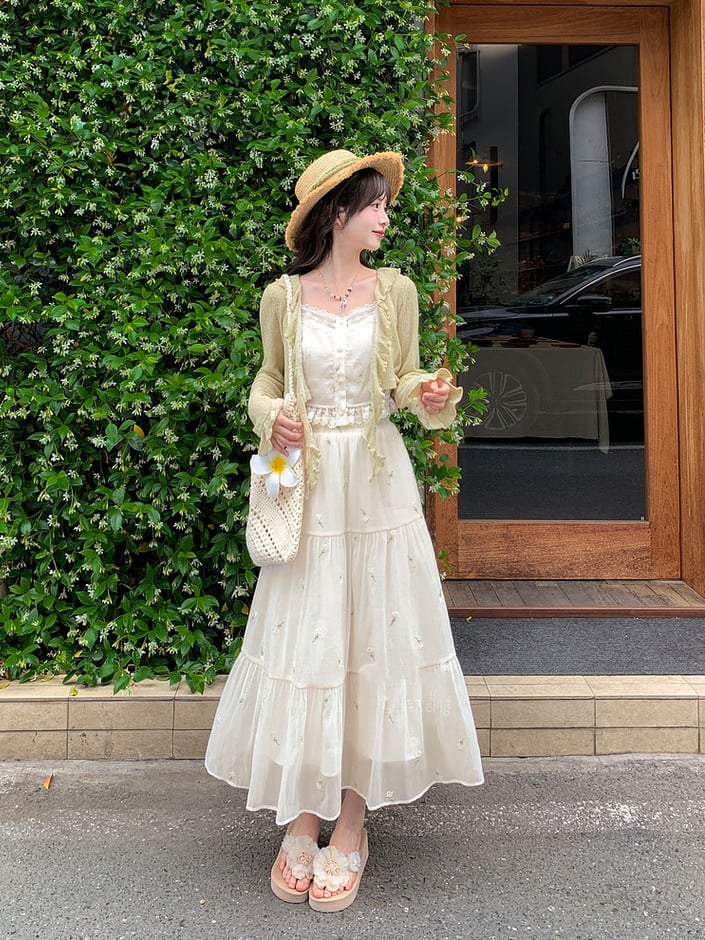 Tulle Skirt Kei Beige Elastic Waist Floral Embroidery Mori