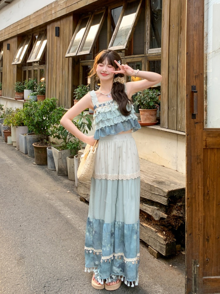 Tassel Hem Shell Charm Wide-Leg Holiday Pants Blue Colorblock Design