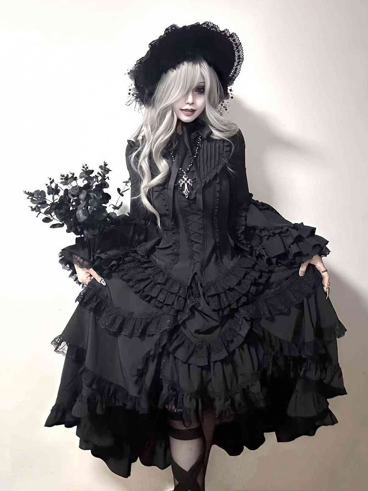 Schwarzes Lolita-Hemd mit Ärmeln, geschichtet, wunderschöne Glocke, ganz lang, Gothic Kuro