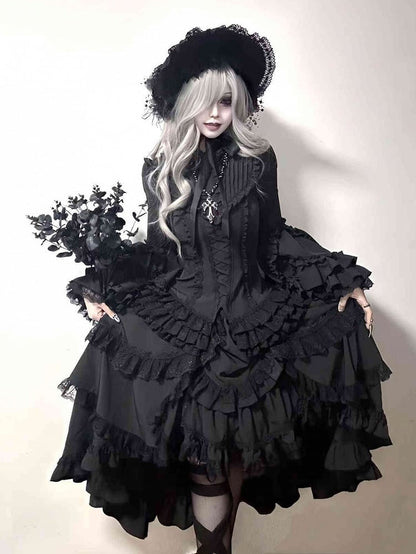 Schwarzes Lolita-Hemd mit Ärmeln, geschichtet, wunderschöne Glocke, ganz lang, Gothic Kuro