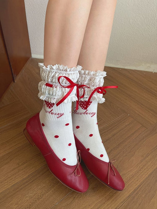 Strawberry Details Lace Socks Sweet White/Black Trim Bowknot Calf