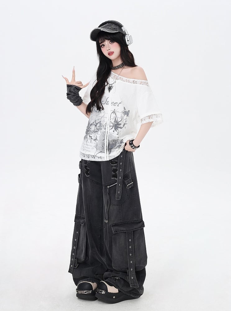Black Rise Distressed Holes Low Jeans Wide-leg Cargo