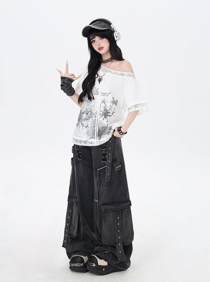 Black Rise Distressed Holes Low Jeans Wide-leg Cargo