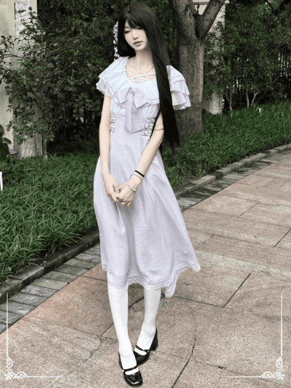 Hem Neckline Long with Version Dress Bowtie Jirai Kei Lavender Heart Buckles Waist Tiered Flounce