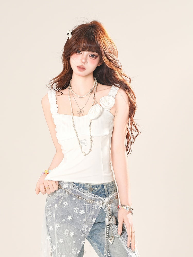 White/Black Sleeveless Top Square Neck Floral Embellished