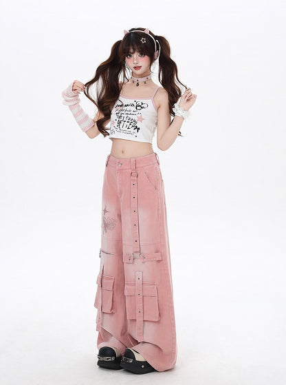 Print Strap Details Vintage Jeans Wide-Leg Cargo Pink Butterfly