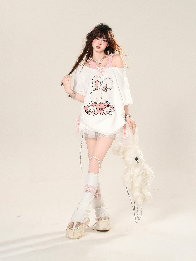 T-Shirt Pattern Adorable Cutout Shoulder Drawstring Waist Bunny White Loose