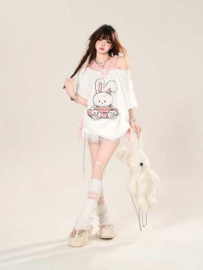 T-Shirt Pattern Adorable Cutout Shoulder Drawstring Waist Bunny White Loose