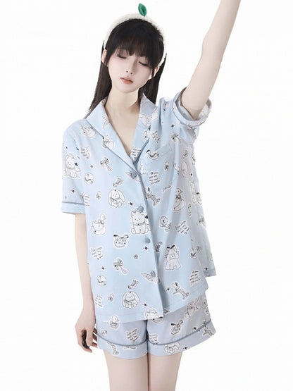 Puppy Print Pajamas Set Blue/Creamy Allover Cute Yellow Light