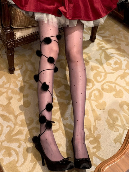 Black/White Polka-dot Pattern Tights With Pompons