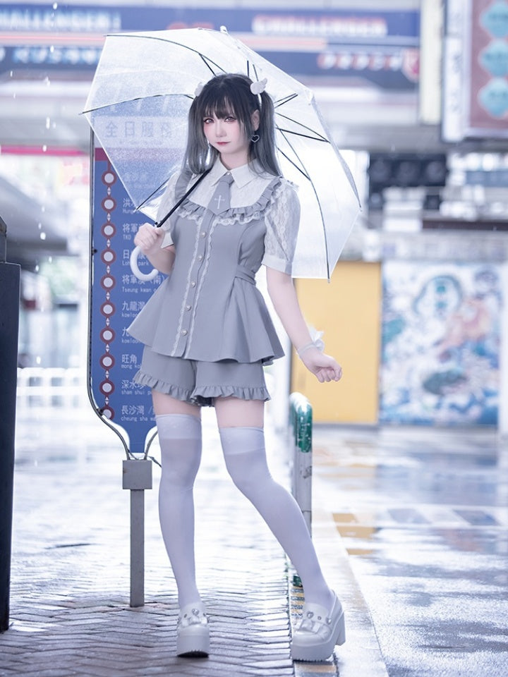 Buttons Hem Shorts+Tie Full Trim Light Kei Jirai Set-Lace Blue Blouse+Ruffled Heart