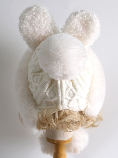 Bonnet en peluche tricoté blanc avec oreilles de lapin Lolita et pompons