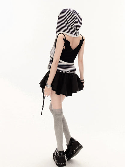 White Black Striped Pattern Backless Hooded Vest and