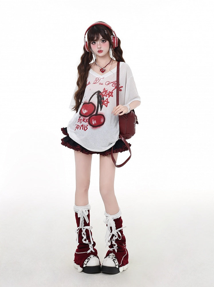 T-Shirt White Semi-Sheer V-Neck Cherry Print Sun Protection Bittersweet