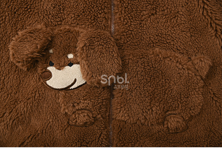 Brown Cute Puppy Pocket Design Fleece Zip Hoodie