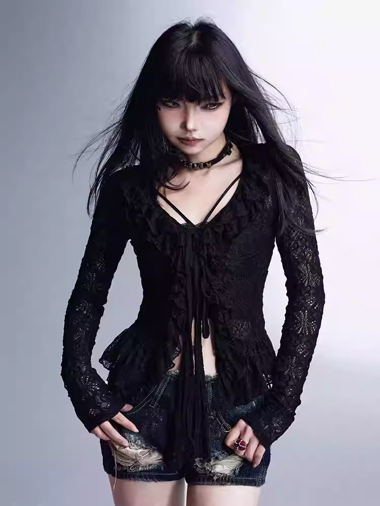 Black Hollow-out Cardigan Ruffled Trim Lace Knitted