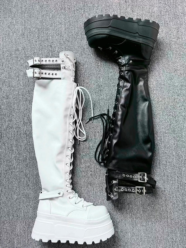 Y2K Matte White Punk Star Strap Details Thigh-high Platform Boots