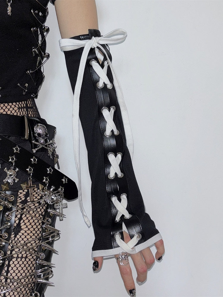Self-tie BlackWhite Crisscross Strap Y2K Design Sleeves