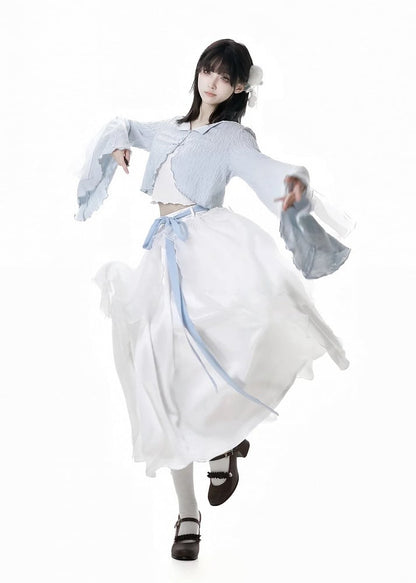 Free Top Knot Cheongsam Style Cropped Cami Buttons Bell Sleeves Blue Cardigan