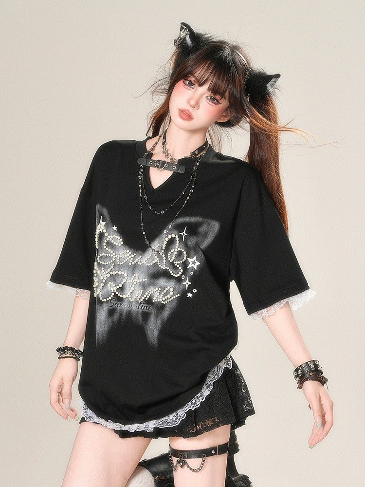 Mint Green/Black/White V-Neck Heart Buckle Bead Details Lace Trim T-shirt