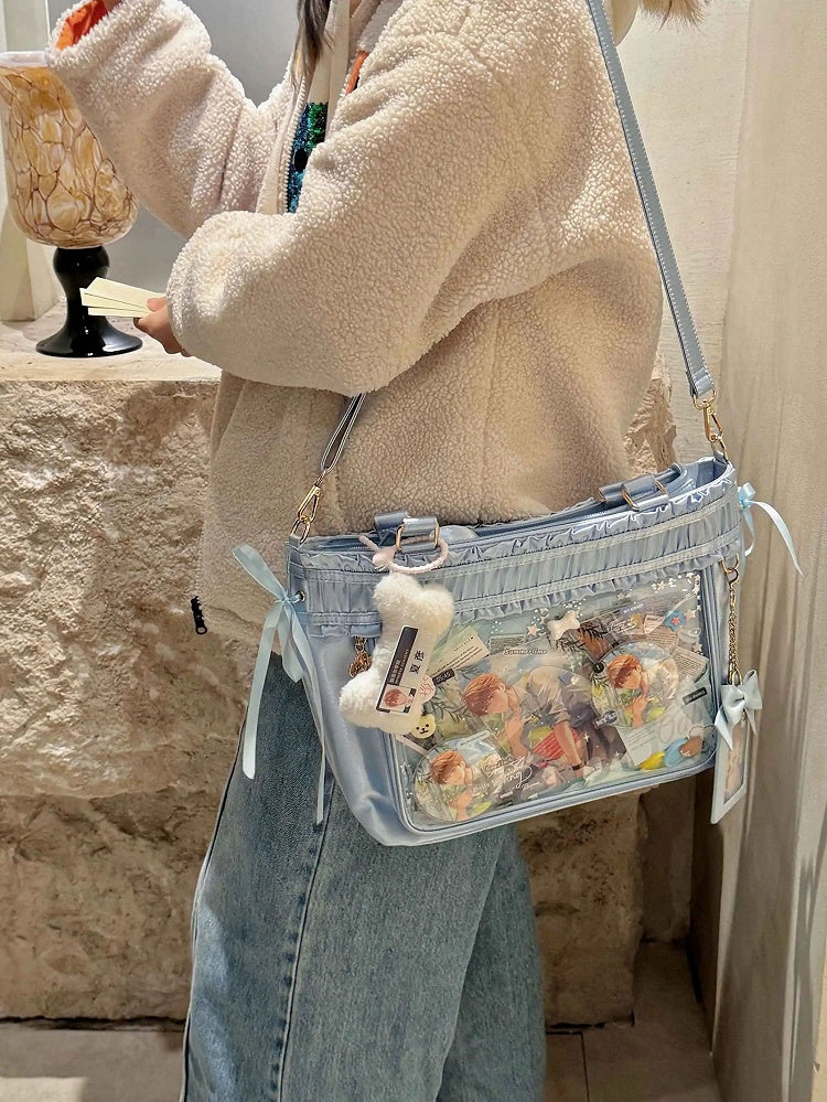Capacity Tote Ruffled Ribbon Bow Large Ita Bag Trim Blue