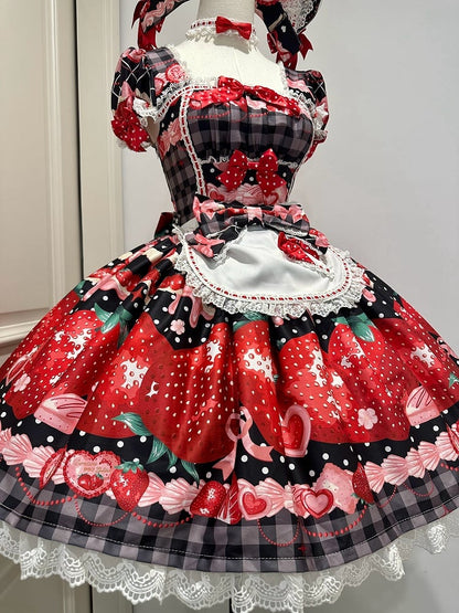 XXL Bust Apron Plaid Print with for 96-111CM Pattern Black Strawberry Sweet Dress Clearance-Size Summer and Lolita
