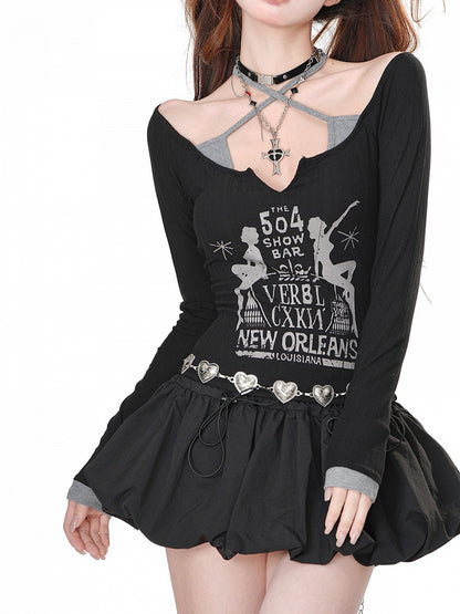 Apricot/Black Letters Fake Two-piece Design Halter Neck Top