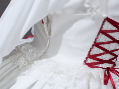White and Wine Red Lace-up Bow Accents Lace Trim Sweet Princess Dress Lolita Jumper Skirt
