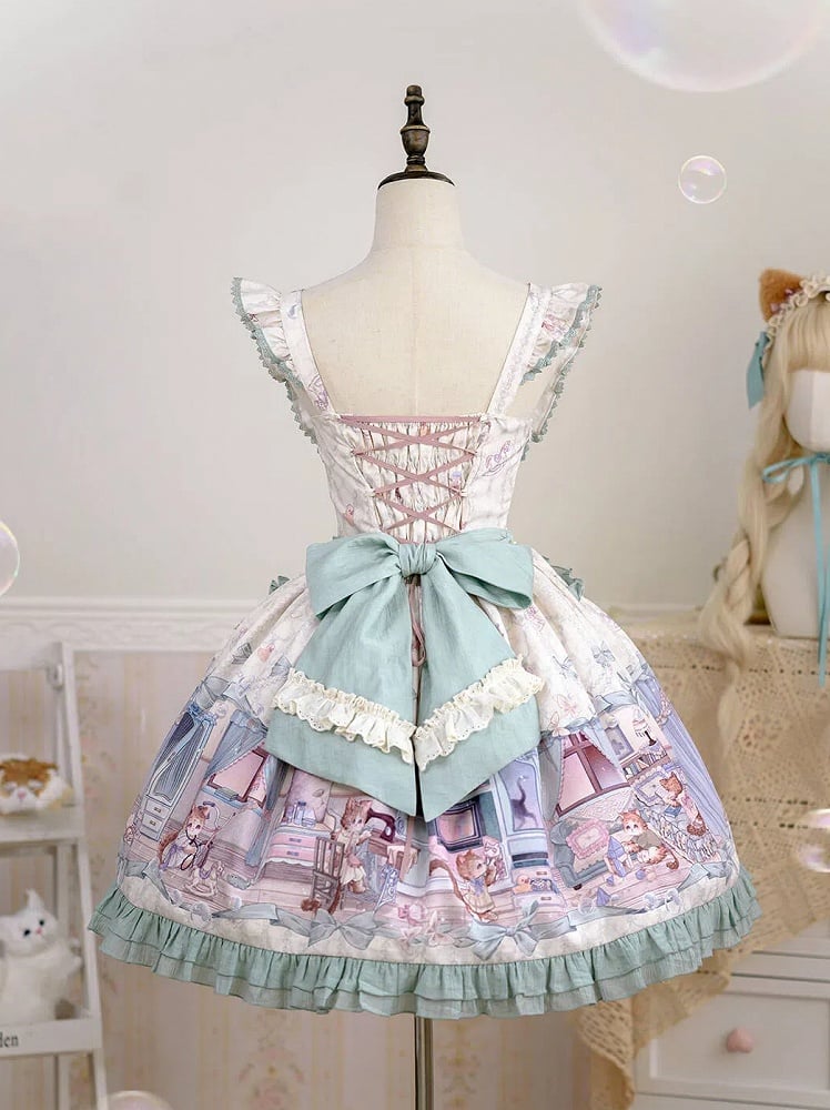 Cute kitty and Green Bows Sweet Lolita Dress Flutter Shoulder Straps Jumper Skirt