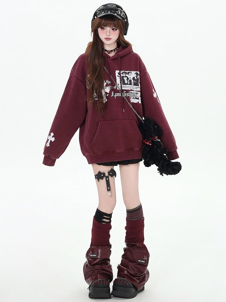 Black/Wine Red Crosses Print Graphic Hoodie