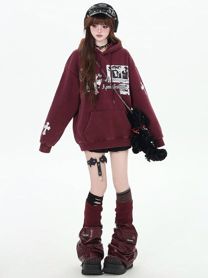 Black/Wine Red Crosses Print Graphic Hoodie