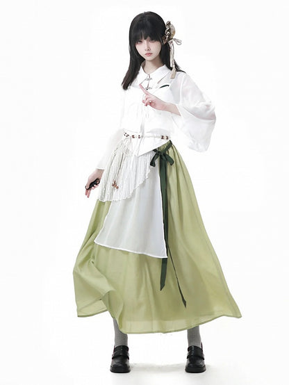 Buttons Style Shirt Cheongsam Butterfly-shaped Cutout White Sheer Chiffon Knot Short Version