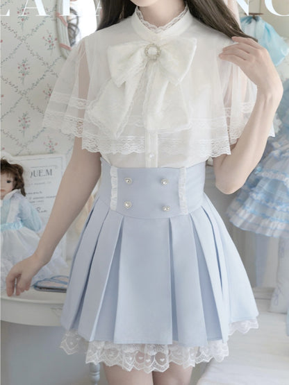 Jirai Kei Set Box Pleat Skirt+ Cape Top+ Blue Trim Bow Tie White Lace