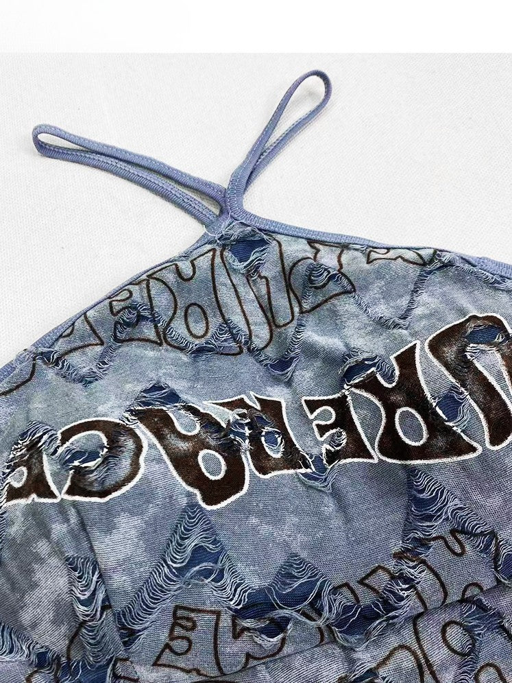 Print Halter Neck Top Letter Kawaii Bittersweet Blue Glamorous