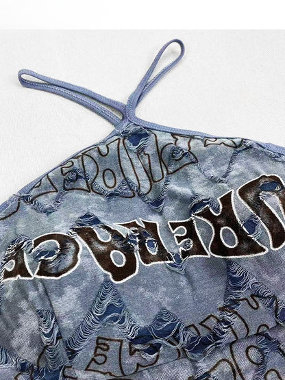 Print Halter Neck Top Letter Kawaii Bittersweet Blue Glamorous