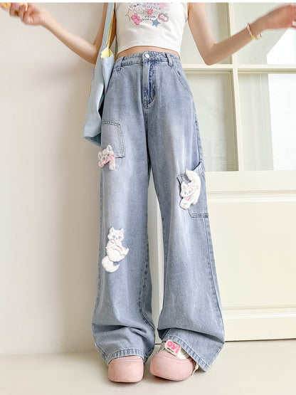with Detachable Kitty Appliques Blue Wide-Leg Jeans Short/Long Version