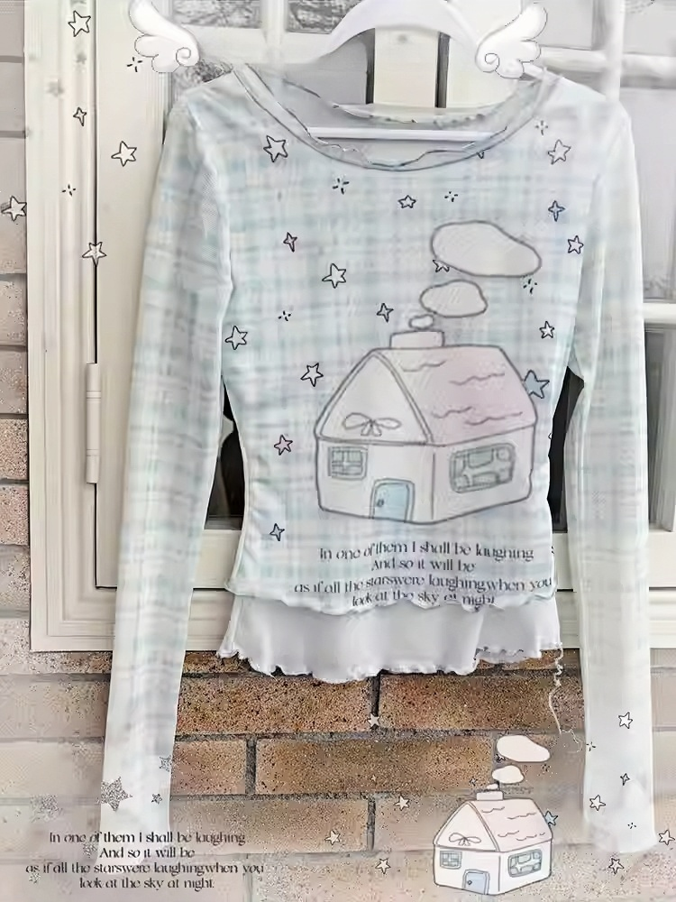 Blue Plaid Pattern Tiered Ruffles Skort House Print Faux Two-Pieces Top/Modal
