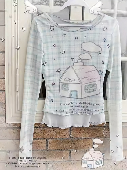 Blue Plaid Pattern Tiered Ruffles Skort House Print Faux Two-Pieces Top/Modal