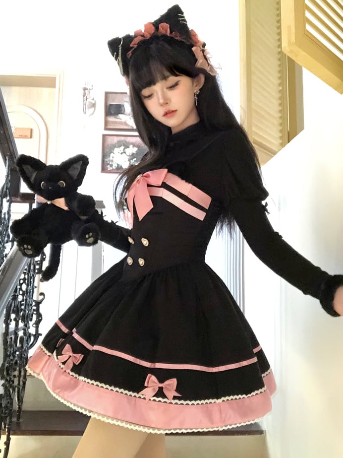 Black and Pink Cat Ears Bow Accents Basque Waist Sweet Dress Lolita Jumper Skirt