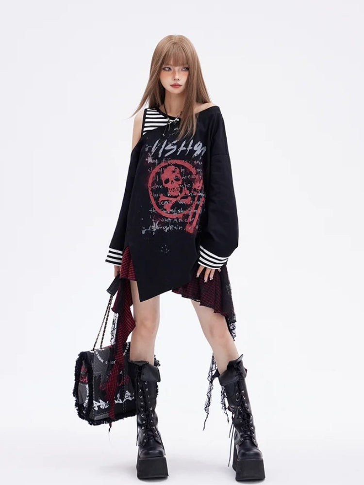 Print Skeleton Punk Top Faux Two-pieces Glamorous Black Asymmetrical Neckline and Hem
