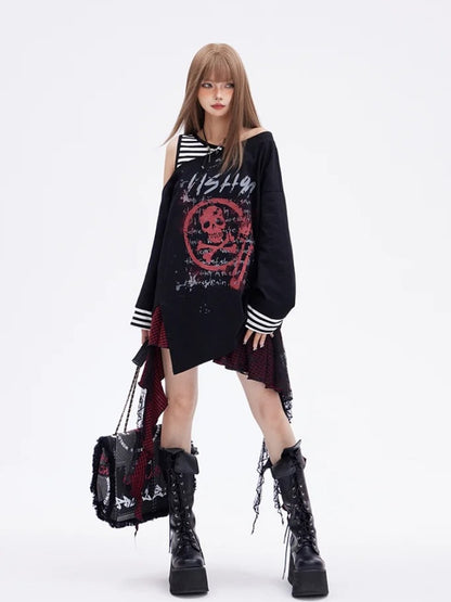 Print Skeleton Punk Top Faux Two-pieces Glamorous Black Asymmetrical Neckline and Hem