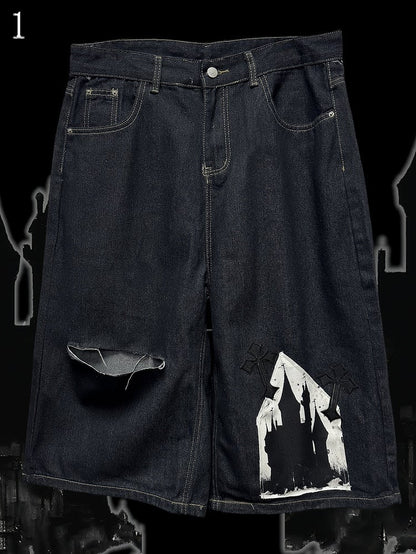 Shorts mit Kreuzapplikation, dunkelblau, Distressed-Löcher, weites Bein, Cargo, Y2K